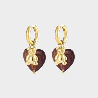 Oorbellen hart bruin beer