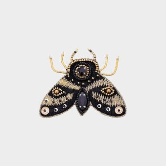 Gouden broche in motvorm met glaskraaltjes kristal en zwart goud draad 5 cm