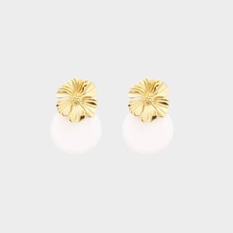 Gouden oorbellen met beige enamel in ronde bloem vorm 4,5 centimeter