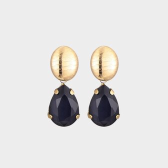 Gouden steker oorbellen met zwarte crystal druppels 2,5 centimeter