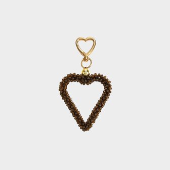 Gouden tas of sleutelhanger met bruin hart van glaskraaltjes lengte 13 cm