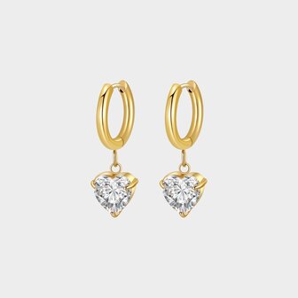 Gouden creool oorbellen met wit zirconia hartje stainless steel 3 cm