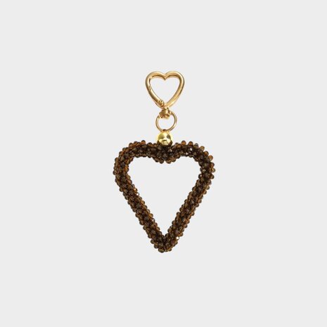 Gouden tas of sleutelhanger met bruin hart van glaskraaltjes lengte 13 cm