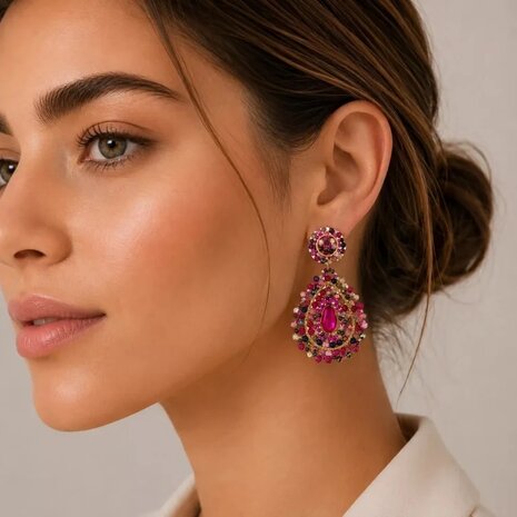 Oorbellen druppel glas fuchsia